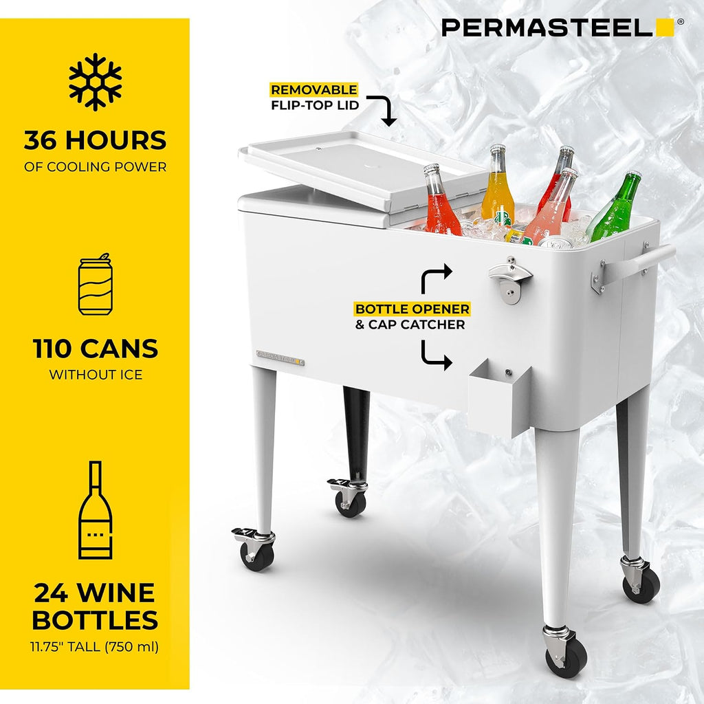 Permasteel 80-Qt Large Outdoor Patio Cooler with Wheels & Handles, Portable Rolling Hard Cooler for Outside, Retro Ice Cooler Cart, Beverage Can Coolers for Backyard Parties