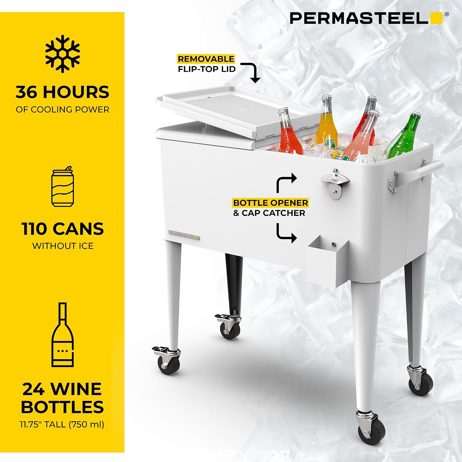 Permasteel 80-Qt Large Outdoor Patio Cooler with Wheels & Handles, Portable Rolling Hard Cooler for Outside, Retro Ice Cooler Cart, Beverage Can Coolers for Backyard Parties