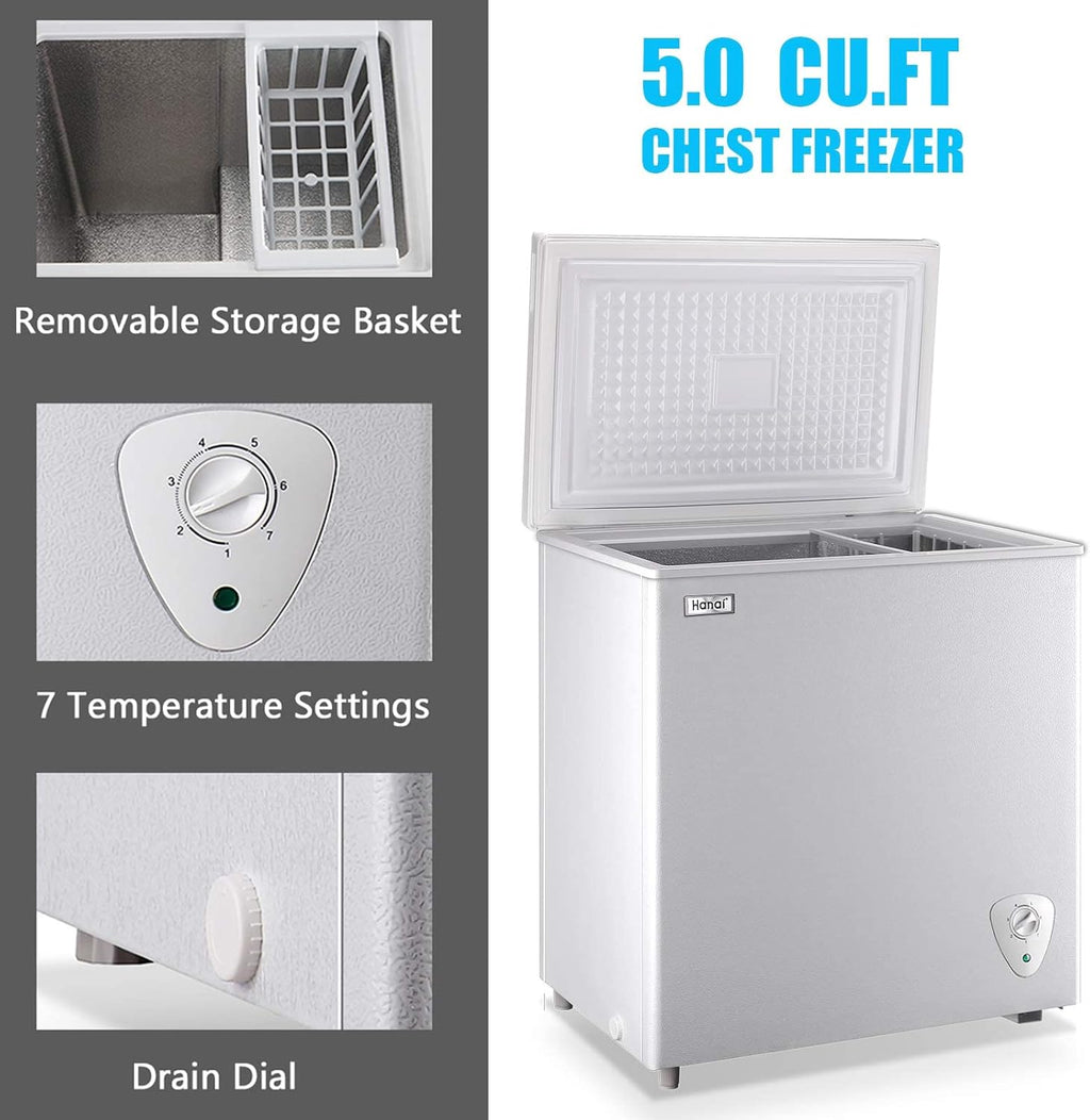 5.0 Cubic Feet Deep Chest Freezer Compact Freezers with Adjustable Thermostat Top Open Door with Removable Storage Basket for Home Kitchen and Bar