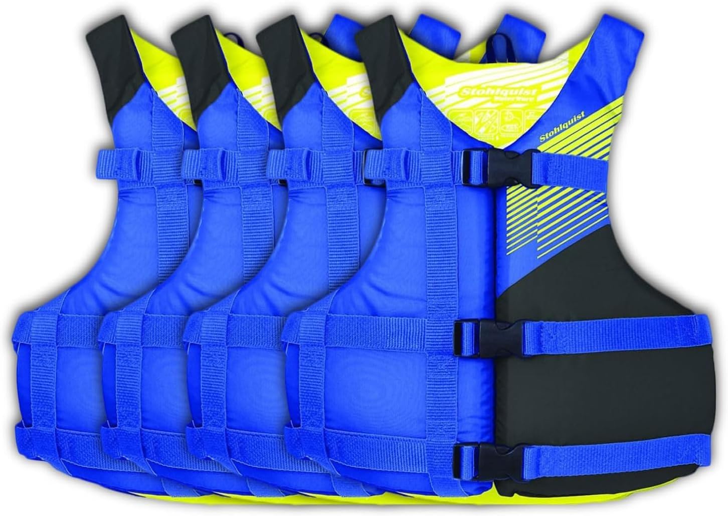 Stohlquist Universal Fit Adult Life Jacket PFD (4 Pack) Coast Guard Approved, for Men and Women 90+ lbs, Lightweight Neoprene and Adjustable, Ideal for Boating, Kayaking & Water Sports