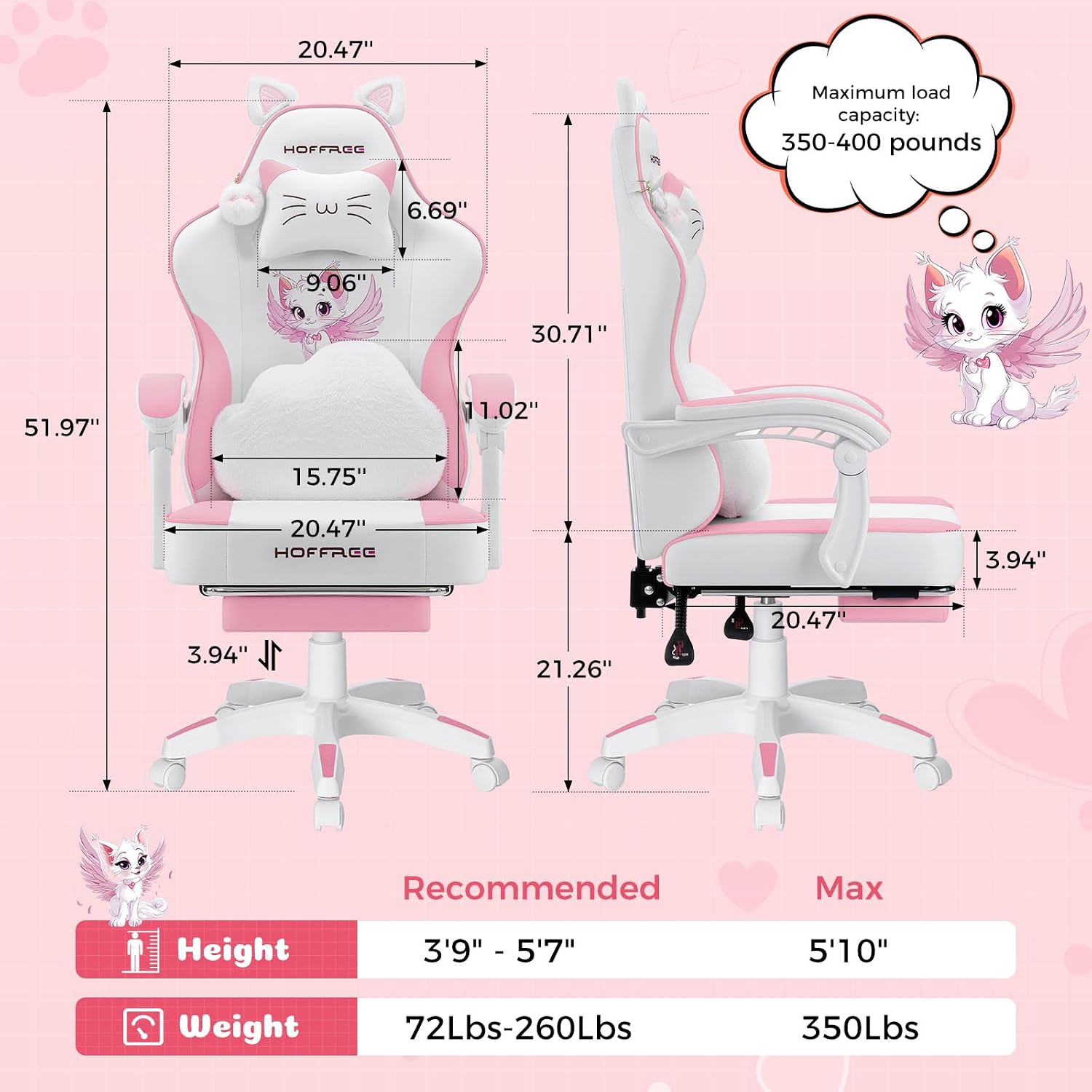 HOFFREE Pink Gaming Chair with Cat Ears and Cloud Massage Lumbar Ergonomic Cute Computer Chair for Girls with Footrest Comfortable Reclining Game Chairs for Adults Pink and White