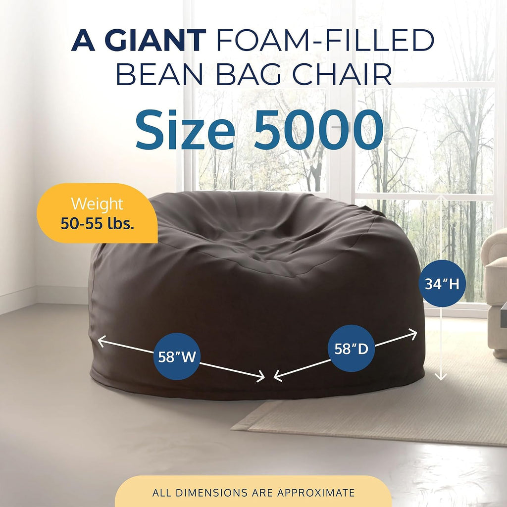 ULTIMATE SACK 5000 5-Foot Bean Bag Chair, Grey Suede Cover – Oversized Foam Lounger, Floor Seat, Small Sofa, or Couch Bed for Living Area, Gaming Room, or Reading Lounge
