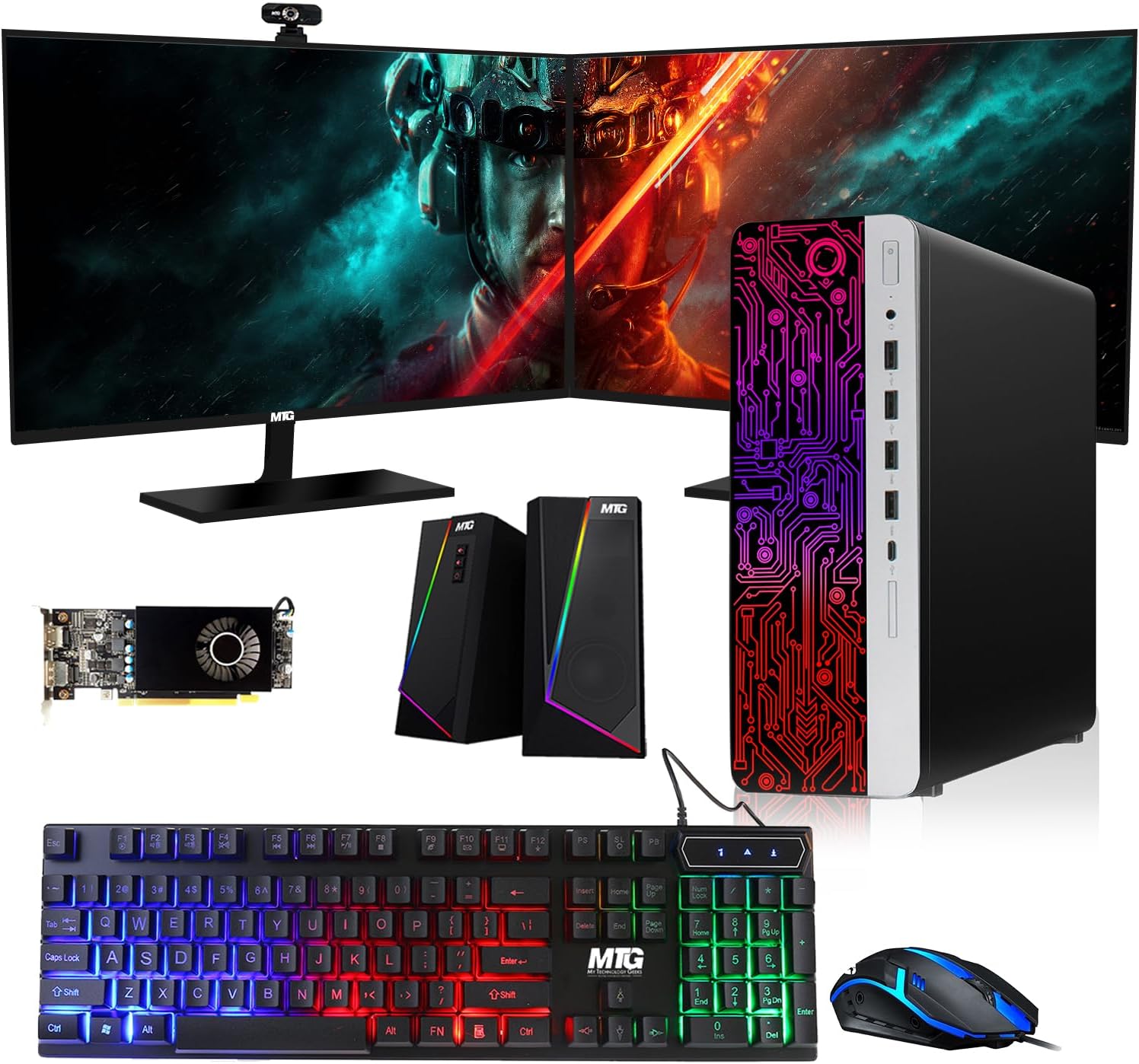 HP G3 Gaming Desktop PC, Intel Core i5 4th Gen, AMD RX 550 Graphics, 16GB RAM, 240GB SSD | 128GB SSD, MTG New 27 Inch Dual Monitor, RGB Keyboard Mouse, Speaker, Webcam, Windows 11 (Renewed)