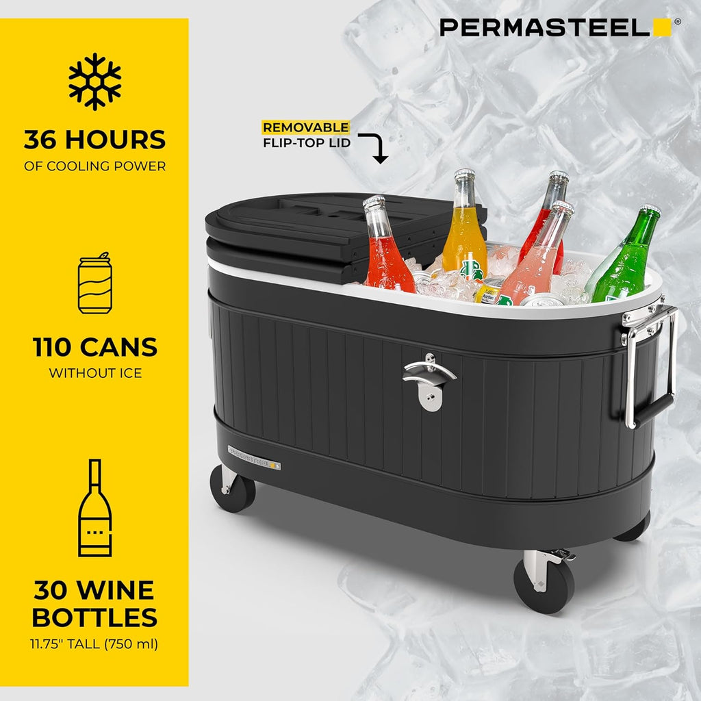 Permasteel Rolling Patio Cooler – Large Outdoor Ice Chest with Wheels, Beverage Cooler for Backyard, BBQ, Tailgate, Beach, Parties, Rustic Farmhouse Design