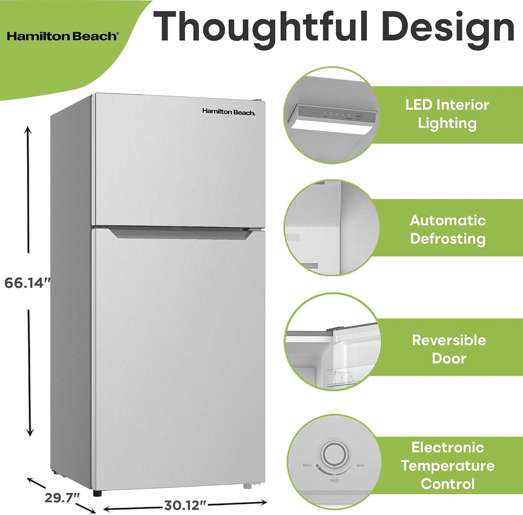 Hamilton Beach Frost-Free Top-Mount 2-Door Apartment Size Refrigerator, Stainless Steel, 18 cu. ft.
