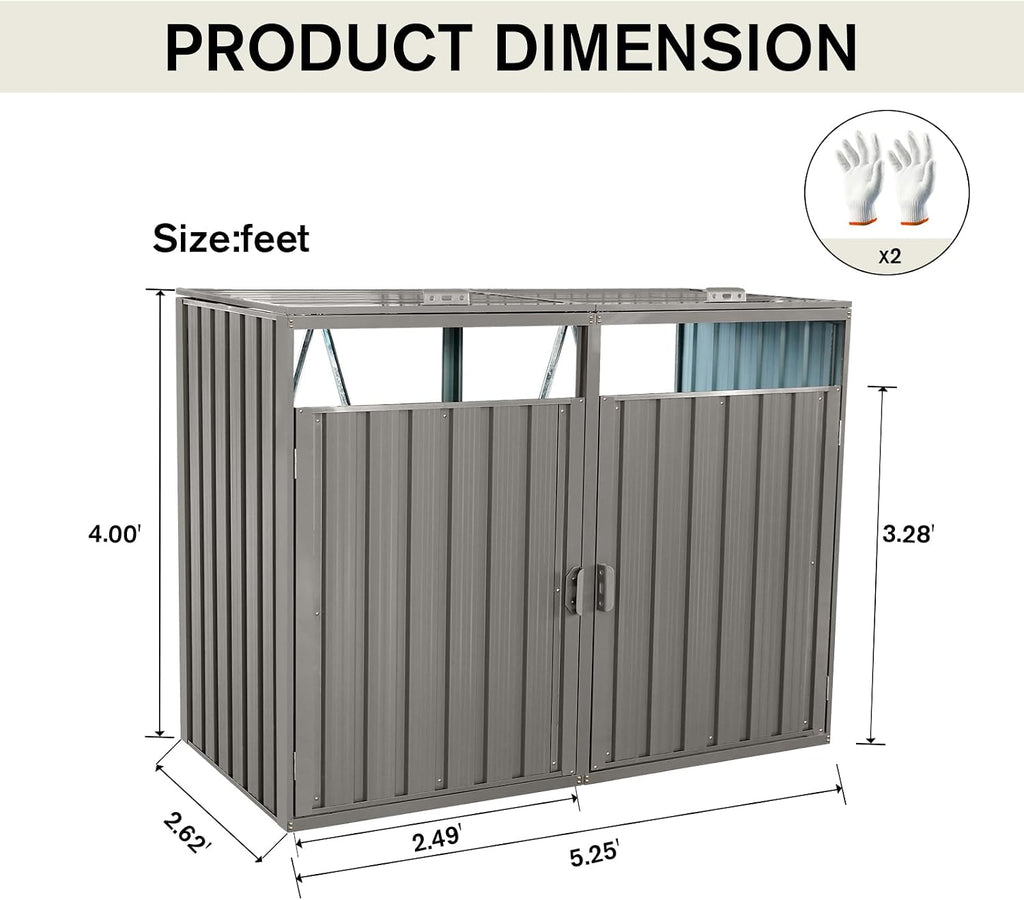 【LuckyNote】 Garbage Bin Shed Stores 2 Trash Cans Metal Outdoor Bin Shed for Garbage Storage,Stainless Galvanized Steel, Bin for Garden Yard Lawn,Grey