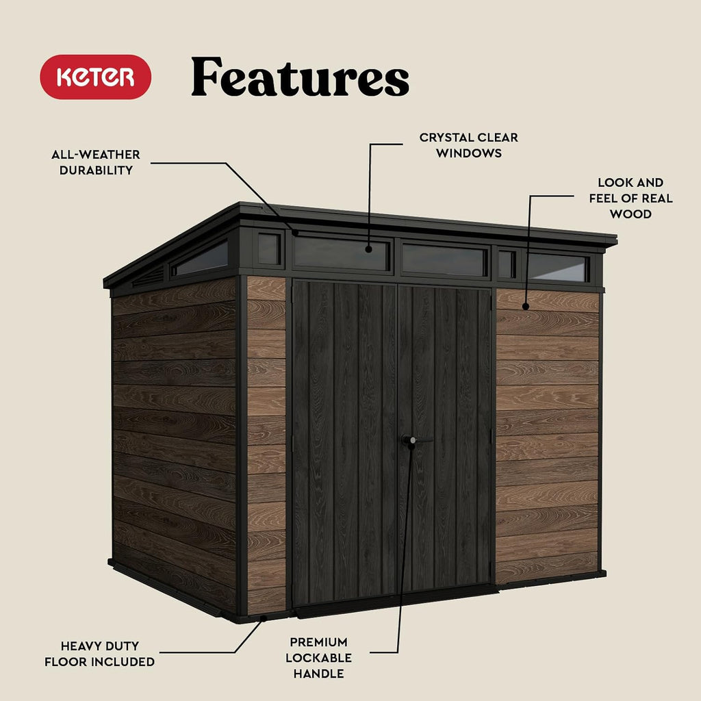 Keter Signature Collection 9x7 Ft All-Weather Storage Shed with Skylight, Window, Built-in Ventilation, & Lockable Double Doors, Walnut