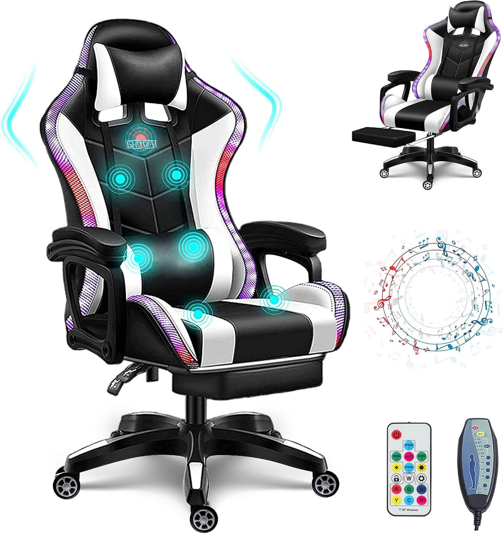 Video Gaming Chairs with LED Light, Bluetooth Speakers Computer Chair with Full Massage Lumbar Support, Ergonomic Pro Gaming Chair for Retractible Footrest and Backrest Adjustable,White