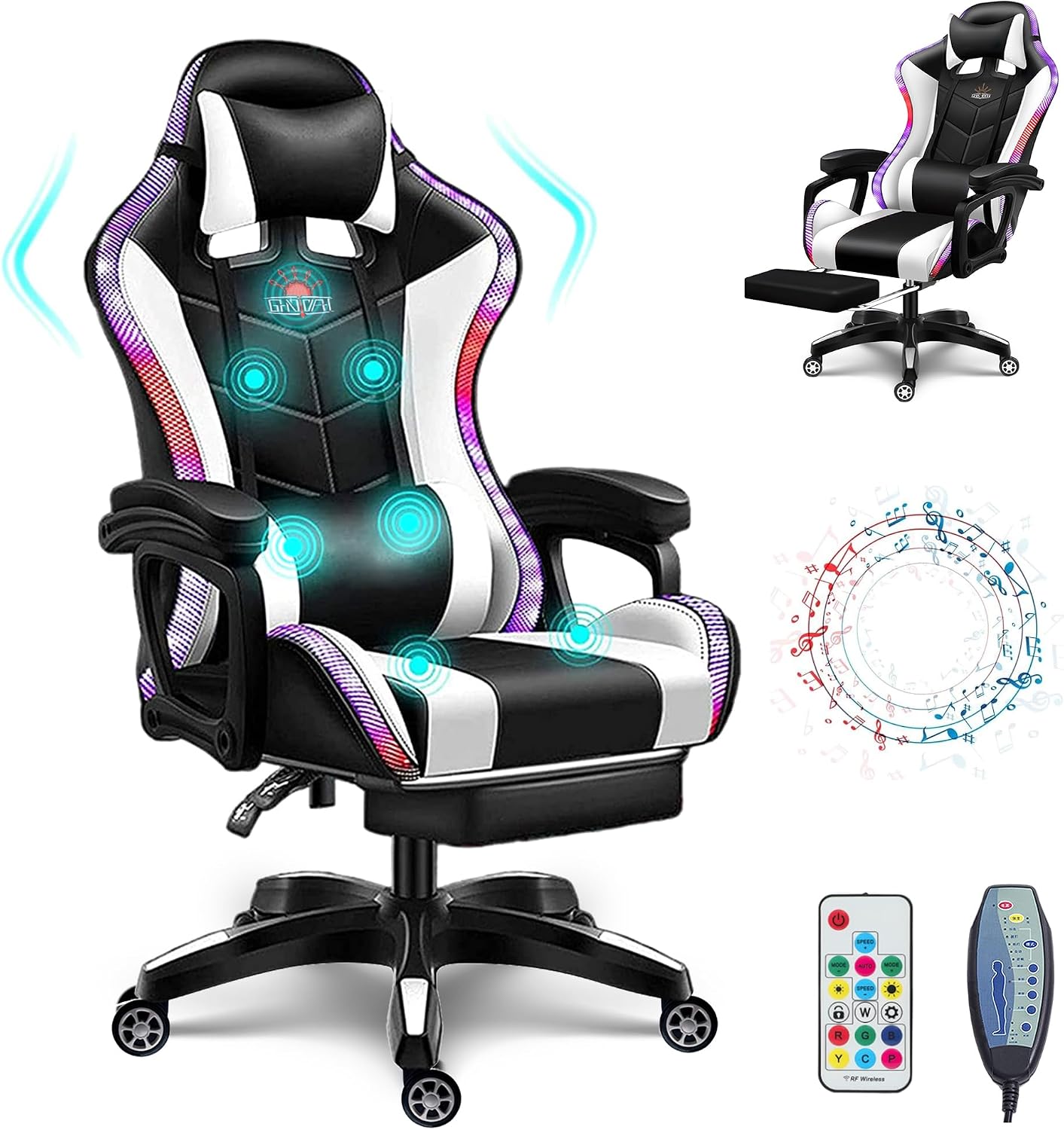 Video Gaming Chairs with LED Light, Bluetooth Speakers Computer Chair with Full Massage Lumbar Support, Ergonomic Pro Gaming Chair for Retractible Footrest and Backrest Adjustable,White