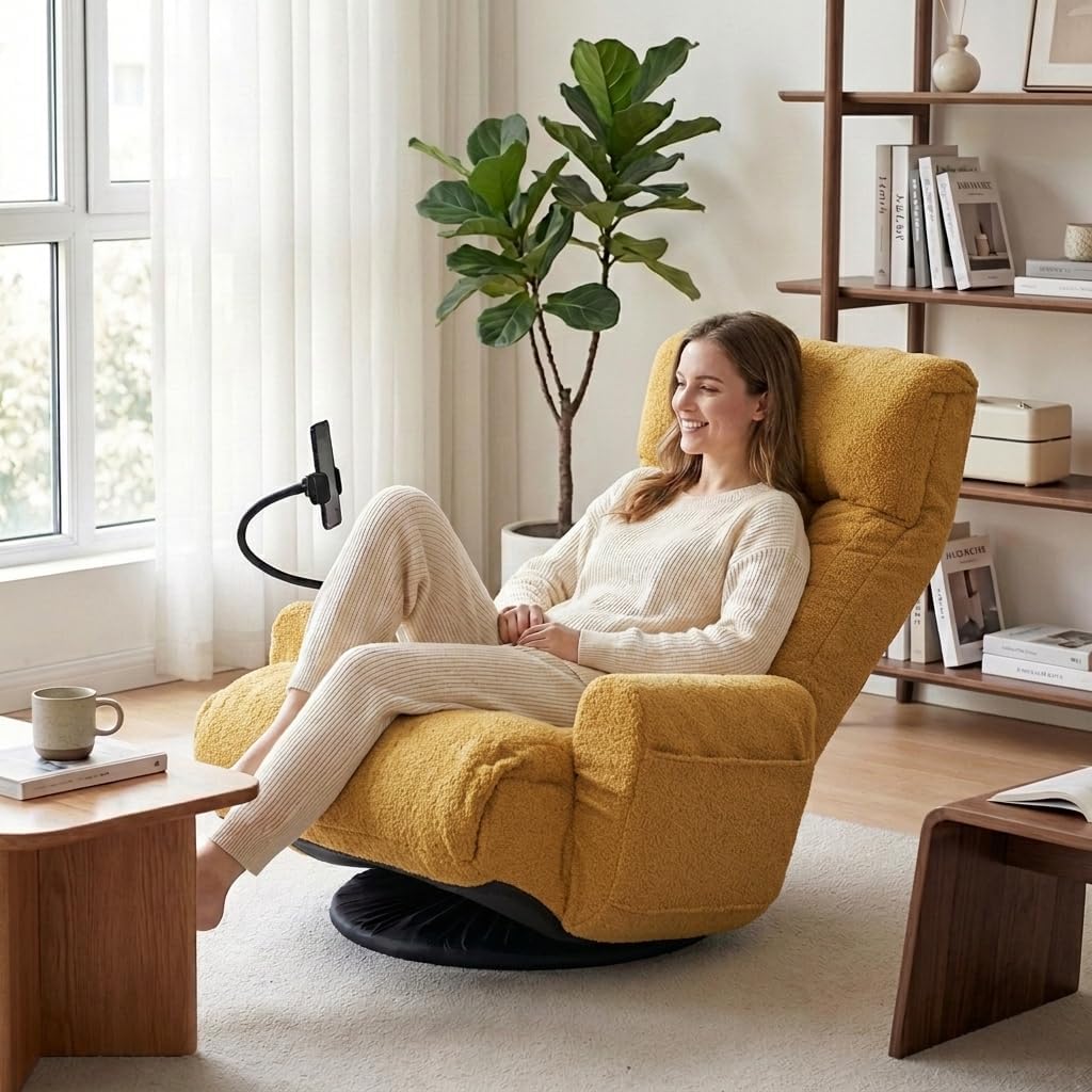 Gaming Chair Floor Sofa, Gaming Lounge Chair with 14-Section Head & 3-Section Waist Adjustment, 360° Swivel & Spring Seat for Gaming, Napping, Reading, Dorm, Small Apartment (Yellow)