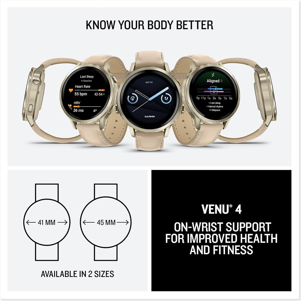 Garmin Venu 4, 41mm, Advanced Fitness and Multisport GPS Smartwatch, 1.2' AMOLED Display, Built-in Flashlight, 10 Days of Battery Life, Lunar Gold with Light Sand Leather Band