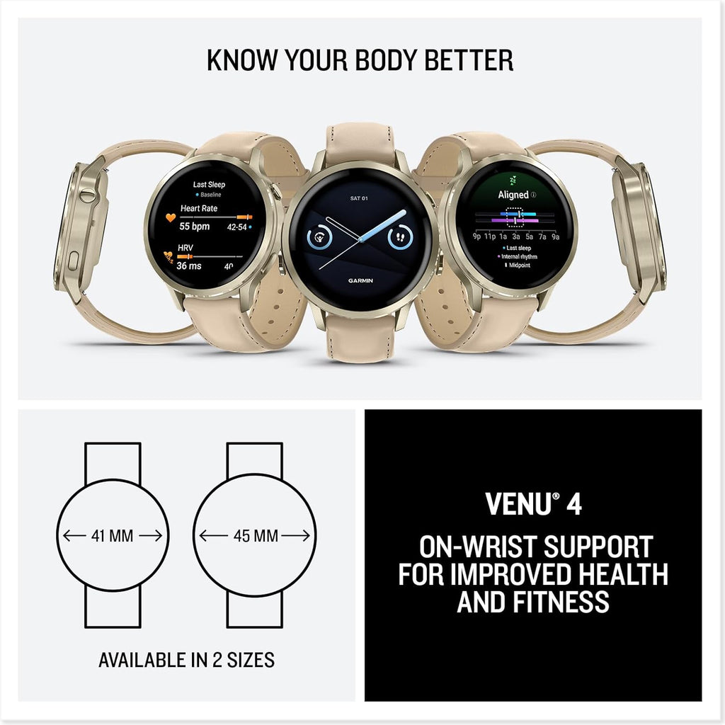 Garmin Venu® 4, 41mm, Advanced Health and Fitness GPS Smartwatch, Bright Colorful Display,Built-In Flashlight,10 Days of Battery Life,Lunar Gold/Bone Silicone Band and Light Sand Leather Band -2 bands