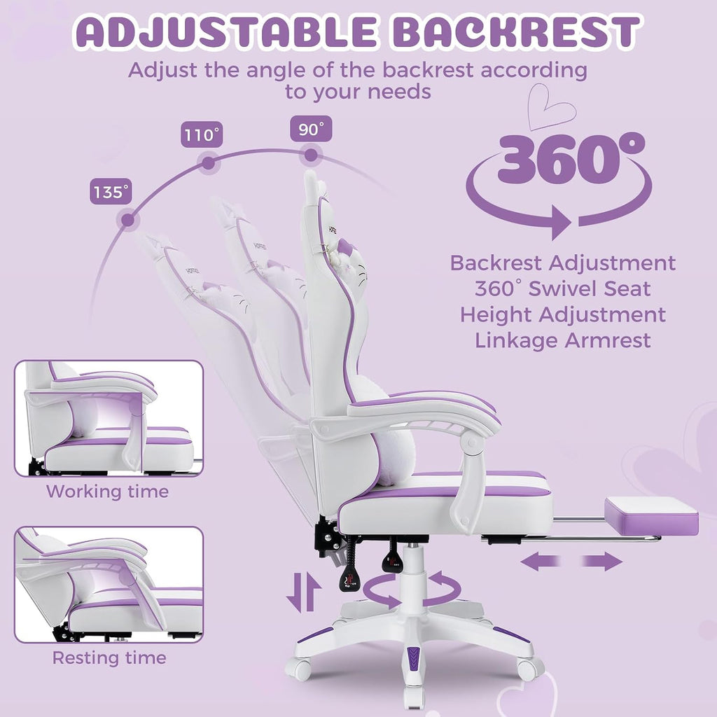 HOFFREE Gaming Chair with Cat Ears and Cloud Massage Lumbar Ergonomic Cute Computer Chair for Girls with Footrest Comfortable Reclining Game Chairs for Adults Purple and White