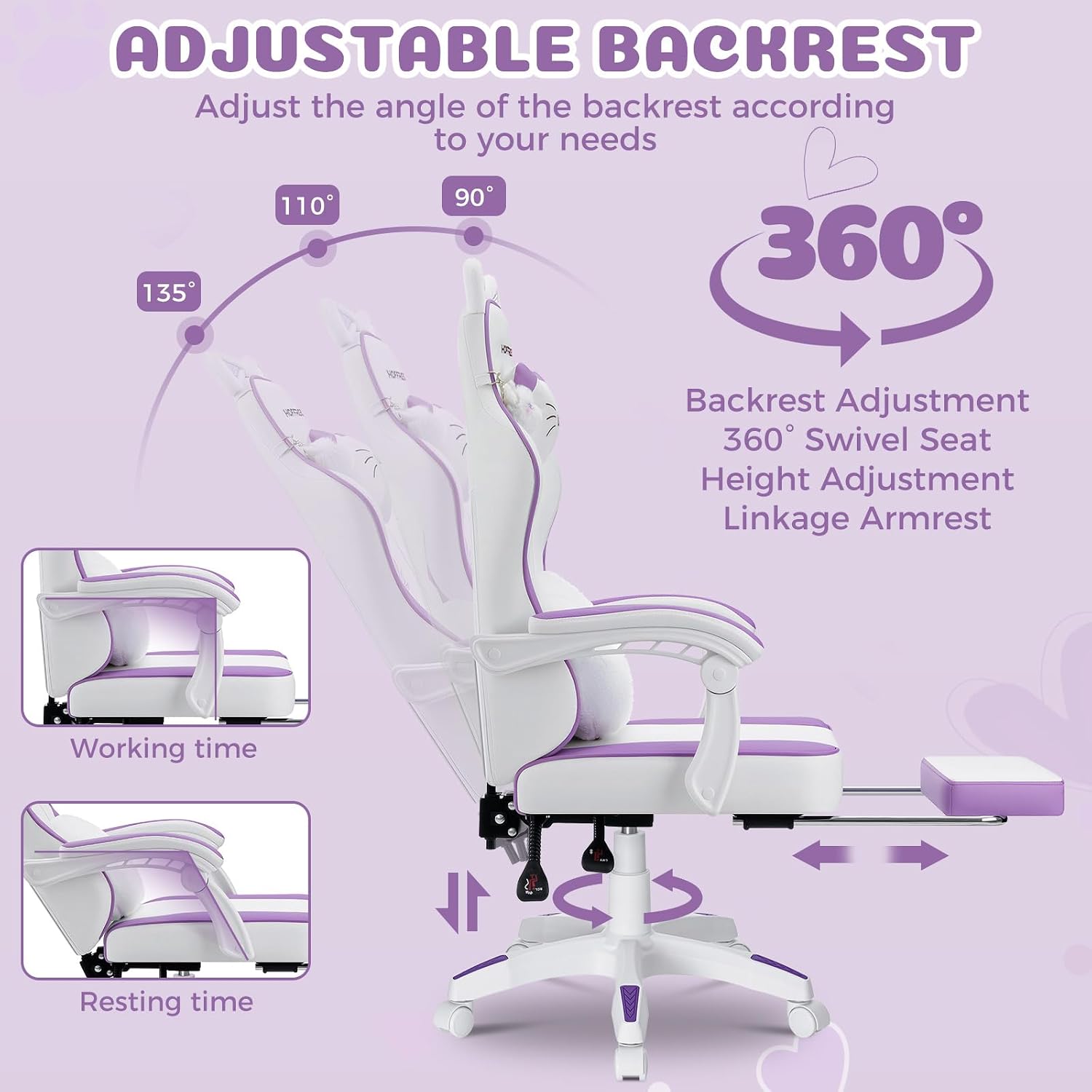 HOFFREE Gaming Chair with Cat Ears and Cloud Massage Lumbar Ergonomic Cute Computer Chair for Girls with Footrest Comfortable Reclining Game Chairs for Adults Purple and White