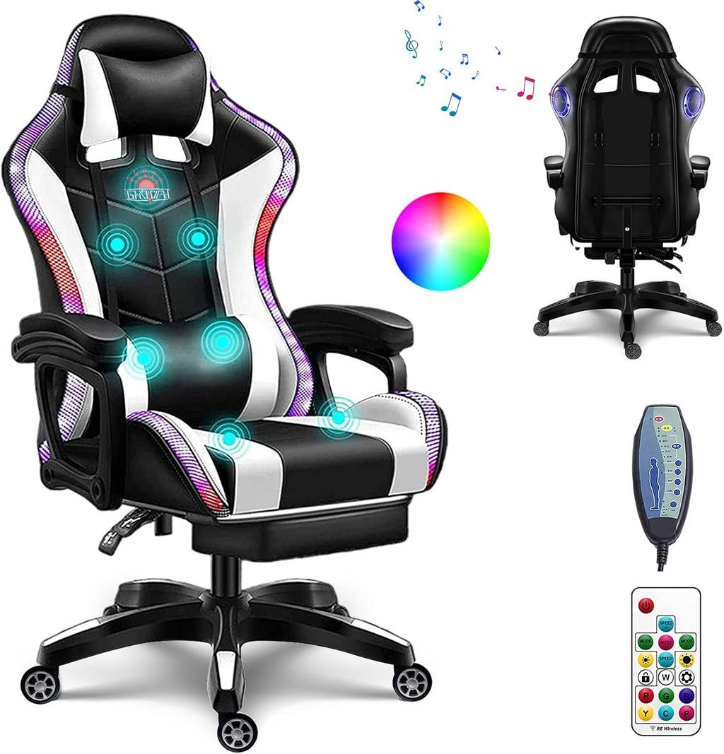 Ergonomic Pro Gaming Chair with Speakers RGB Video Game Chair with Footrest, High Back Massage Computer Chair with Lumbar Support and Headrest Adjustable Height, Gamer Chair for Adult Teens,White