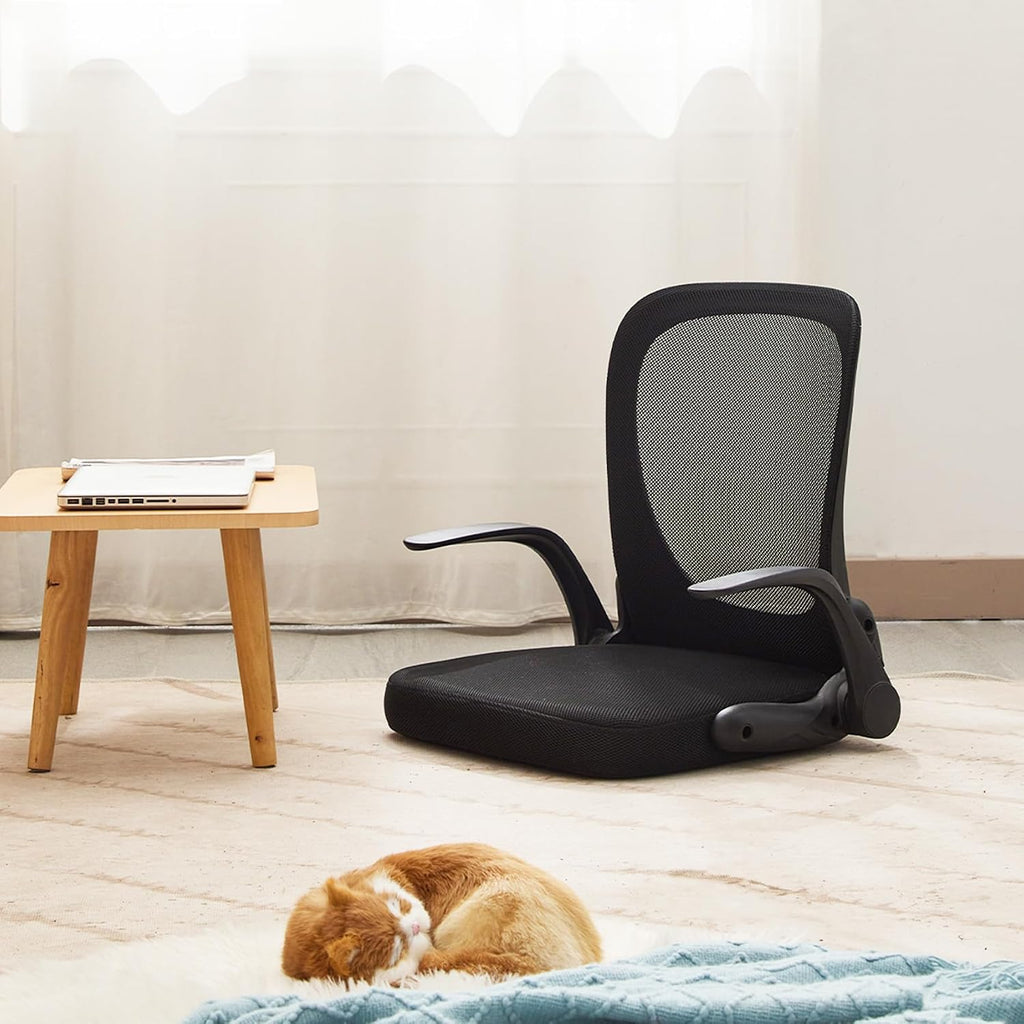 Ergonomic Floor Chair Foldable - Adjustable Armrest & Mesh Back, Thick Cushioned Seat for Gaming Reading Meditation, Multi-Use for Living Room, Bed, Tatami
