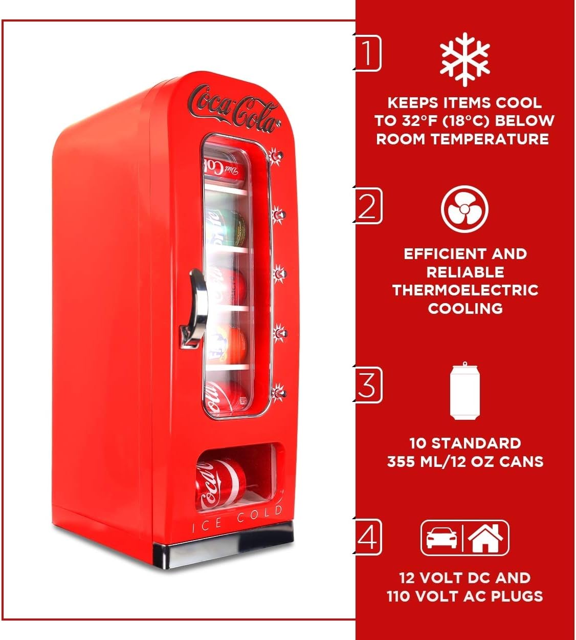 Coca-Cola AC/DC Retro Vending Electric Cooler with 10 Can Capacity - Beverage Vending Machine with Thermoelectric Cooling and Tall Window Display