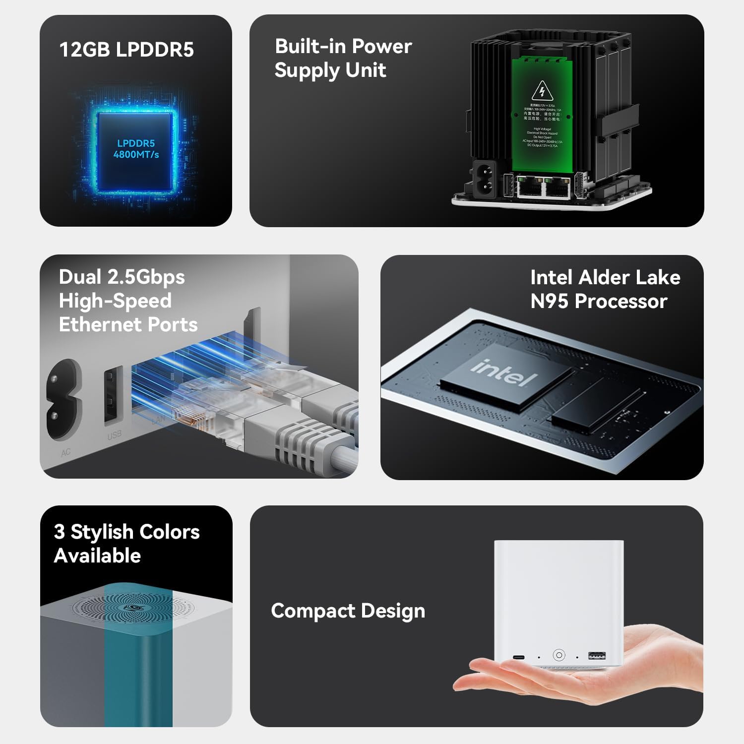 Beelink ME Mini PC, Intel Alder Lake N95 12G LPDDR5 4800MT/s, 64G EMMC, WiFi-6 +BT5.2 +Dual 2.5G LAN, Built-in PSU, 4K HDMI, Mini Computer for NAS/Home Theater/Soft Router/Data Center/W11 Home