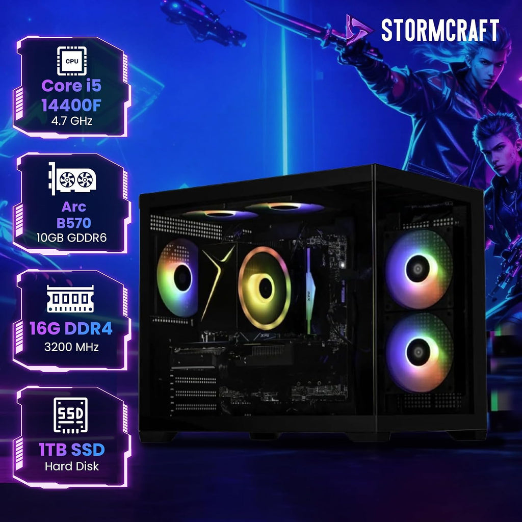 STORMCRAFT Sirius AI Gaming Desktop, Intel i5 14400F, Arc B570 10GB GDDR6 Supports 1440P Gaming, 16GB DDR4 RGB Memory, 1TB NVMe SSD, VR Ready PC Gamer