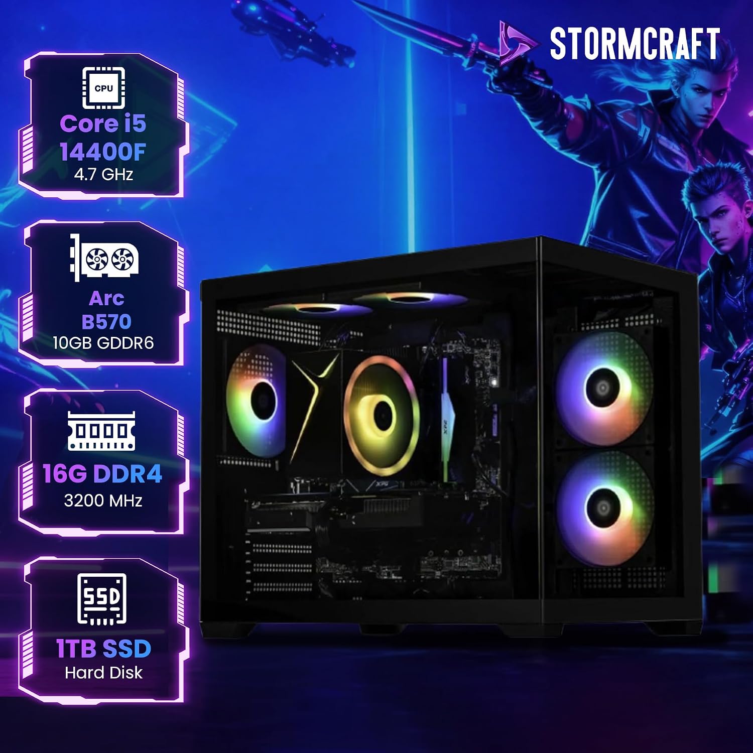 STORMCRAFT Sirius AI Gaming Desktop, Intel i5 14400F, Arc B570 10GB GDDR6 Supports 1440P Gaming, 16GB DDR4 RGB Memory, 1TB NVMe SSD, VR Ready PC Gamer