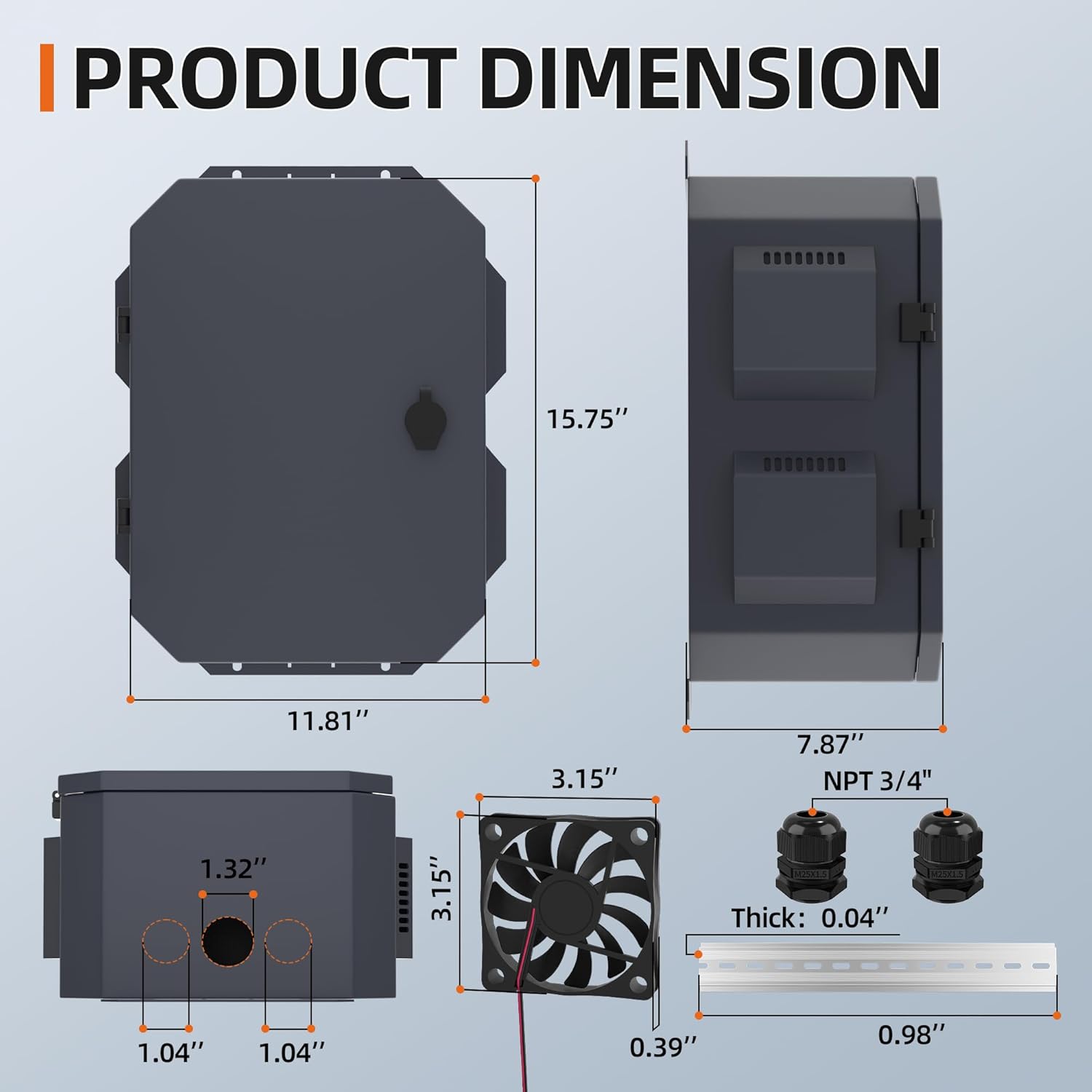 Joinfworld Outdoor Electrical Box, Metal Outdoor Enclosure Box Waterproof IP65 Junction Vented Enclosure Weatherproof with Cold-Rolled Steel Plate Fan Din Rail Cable Gland 15.7'x11.8'x7.9'