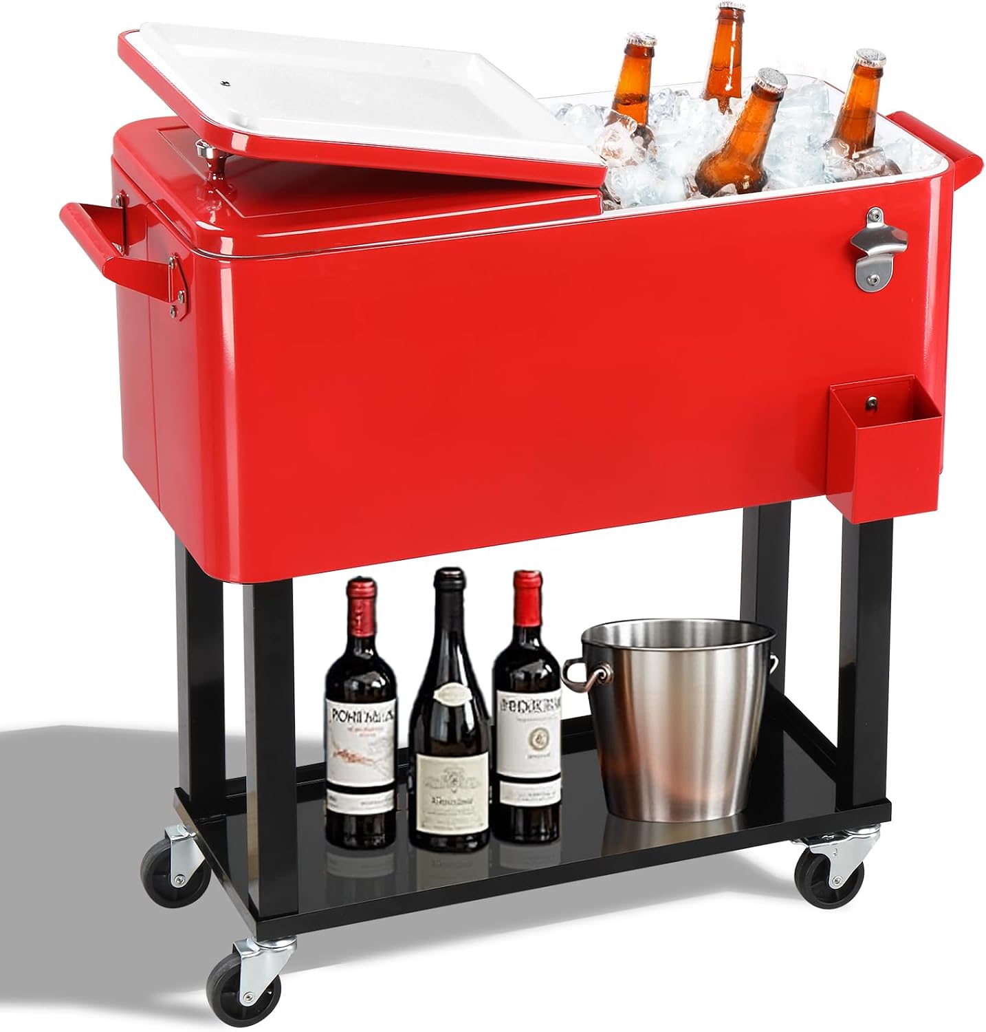 Outvita 80 Quart Rolling Ice Chest, Portable Bar Drink Cooler with Catch Basin, Bottom Storage Tray and Bottle Opener for Patio Party BBQ Beach Activities