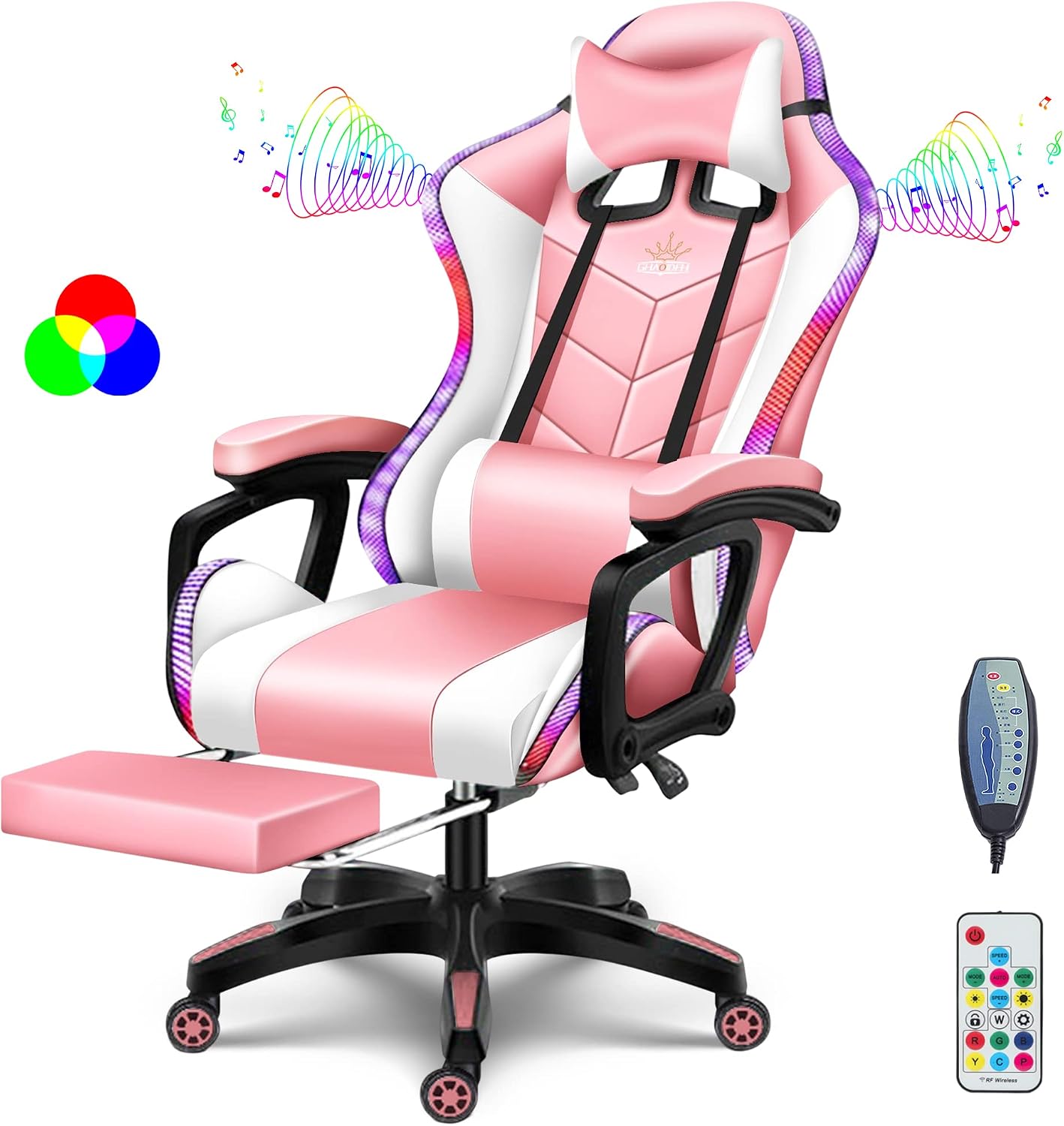 RGB Gaming Chair with Speakers Ergonomic Massage Computer Chair with Footrest Lumbar Support Headrest PU Leather 360°Swivel Recliner Chair High Back Video Game Chair for Adult Teens,Pink