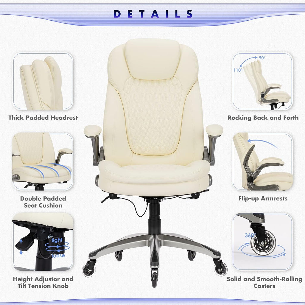 Executive Office Chair-Ergonomic Computer Desk Chair with Upgraded Caster for Swivel, High Back Office Chair with Padded Flip-up Arms,Leather Chair Thicken Seat for Comfort