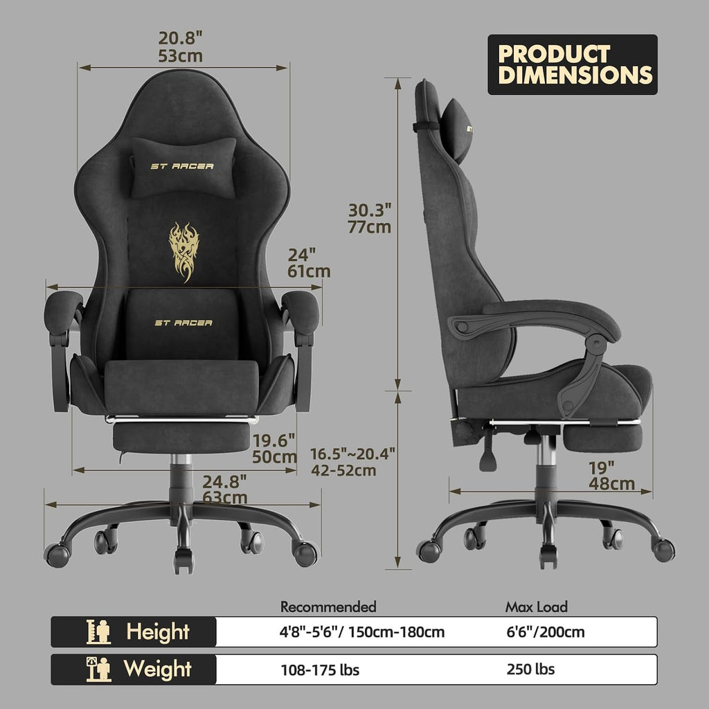 Huracan Velvet Racing Gaming Chair for Adults - Ergonomic Game Chair with Massage Lumbar Pad, Retractable Footrest & Spring Seat Cushion Home Office Video Game Chair, Black