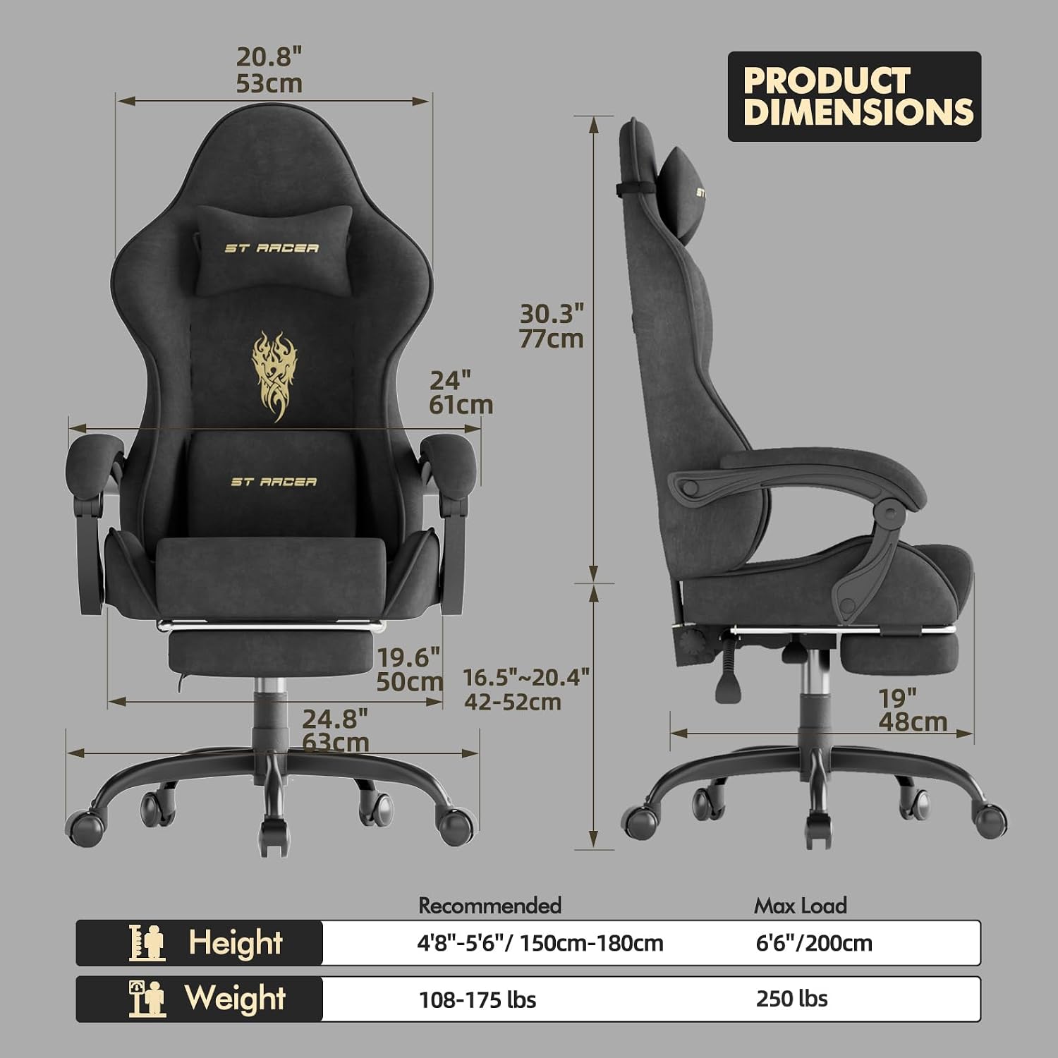 Huracan Velvet Racing Gaming Chair for Adults - Ergonomic Game Chair with Massage Lumbar Pad, Retractable Footrest & Spring Seat Cushion Home Office Video Game Chair, Black