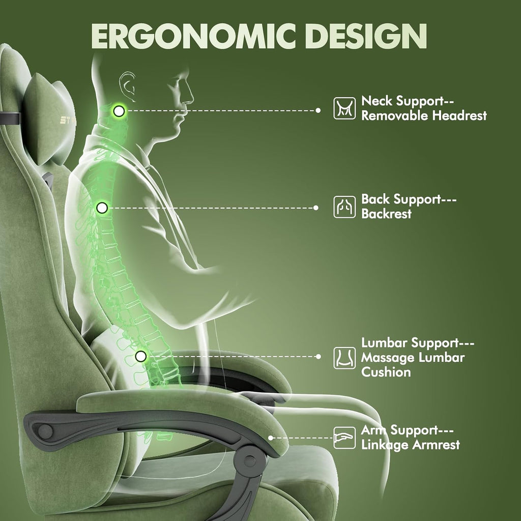 Huracan Velvet Fabric Racing Gaming Chair for Adults - Ergonomic Gamer Chair with Massage Lumbar, Footrest & Spring Cushion | Home Office/Video Game Chair, Green