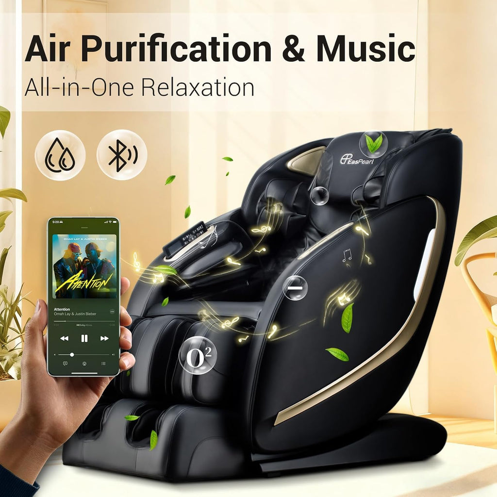 EASPEARL Massage Chair, Zero Gravity Massage Chairs Full Body with APP, Phone Holder, Waist and Calf Heat, Thai Stretch, Body Scan, USB Port, Bluetooth Speaker, Shiatsu Massage Recliner (Black)
