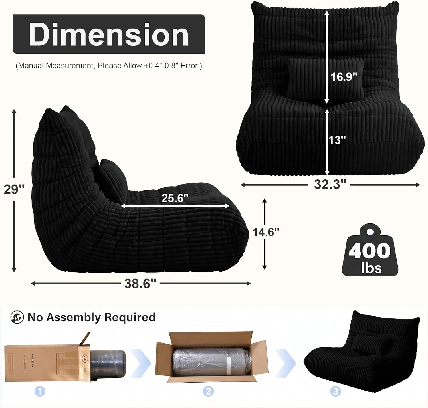 Bean Bag Chair with Lumbar Pillow, Gaint Bean Bag Chairs for Adults, Oversized Corduroy Beanbag Chair with Memory Foam Filled, Lazy Floor Sofa for Reading Gaming Living Room Bedroom (Black)