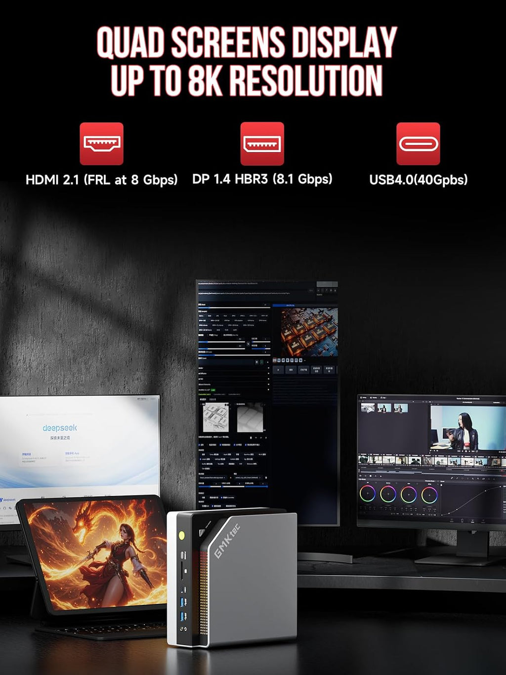 GMKtec AI Mini PC Ryzen Al Max+ 395 (up to 5.1GHz) 2TB PCIe 4.0 SSD 64GB LPDDR5X 8000MHz (8GB*8) Quad Screen 8K Display/WiFi 7/ USB4/ SD Card Reader 4.0 EVO-X2
