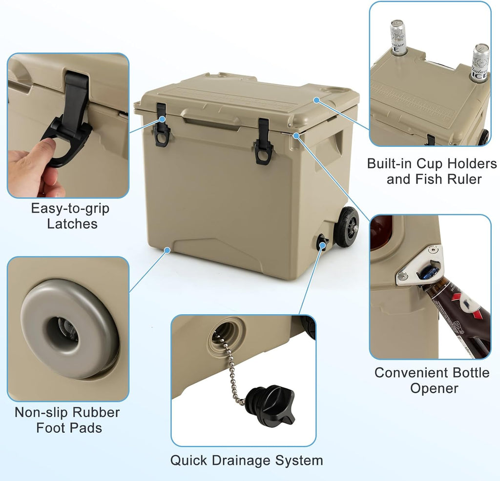 Goplus Cooler with Wheels, Insulated Large Ice Chest with Portable Handles, Cup Holders, Leak-Proof Tight Latches, 5-7-day Ice Retention, Heavy Duty Hard Coolers for Beach Camping Boat