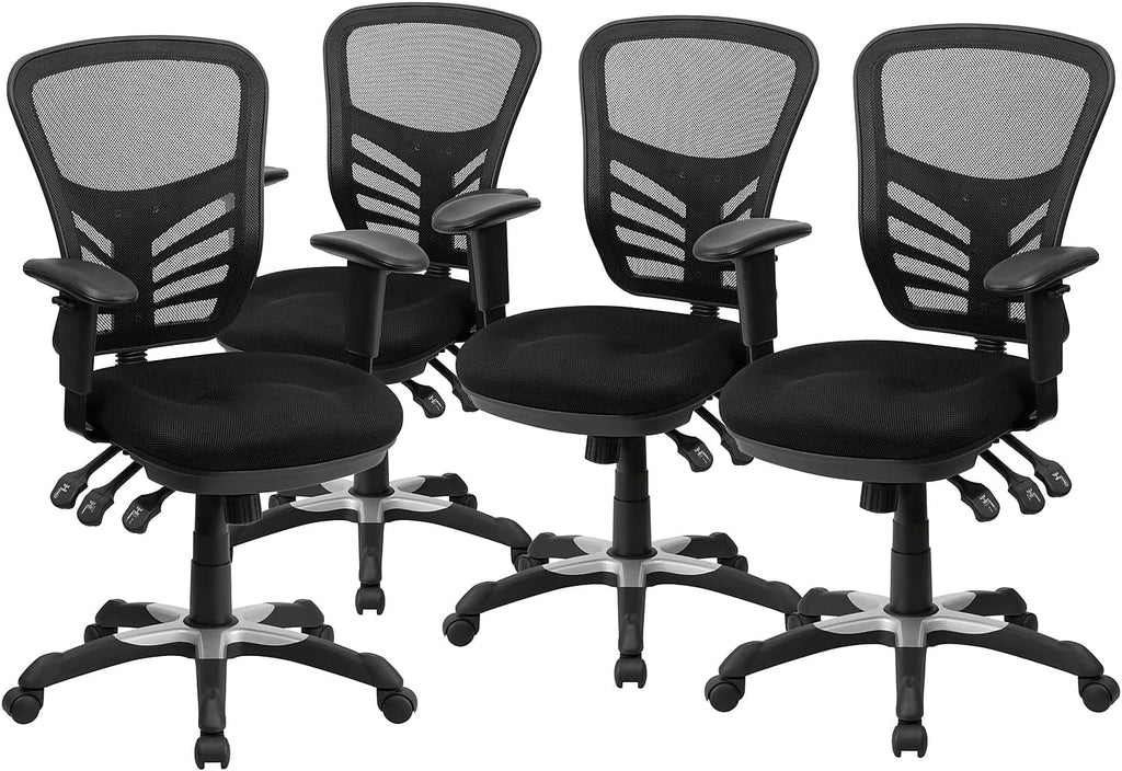 Flash Furniture Nicholas Mid-Back Black Mesh Multifunction Executive Swivel Ergonomic Office Chair with Adjustable Arms, Set of 4