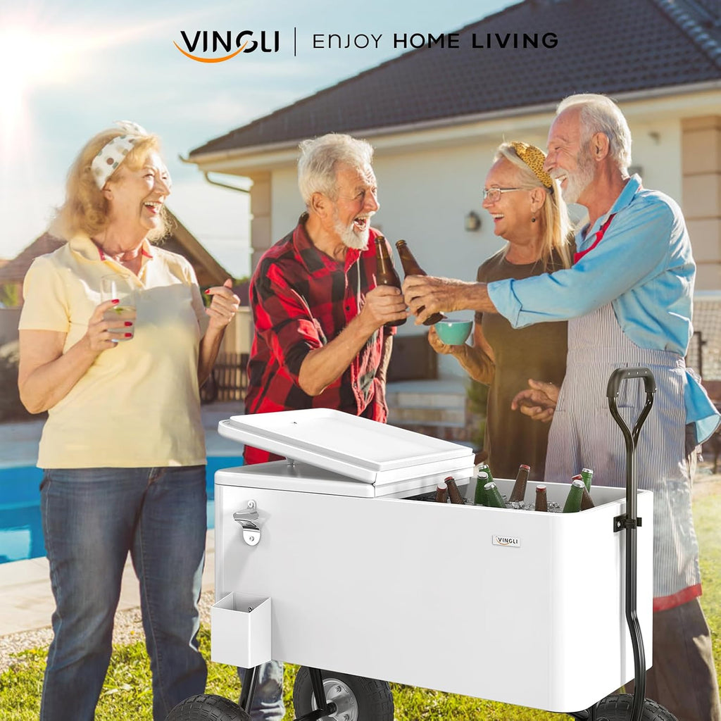 VINGLI 80 Quart Wagon Rolling Cooler Ice Chest, w/Long Handle and 10' Wheels, Portable Beach Patio Party Bar Cold Drink Beverage, Outdoor Park Cart on Wheels