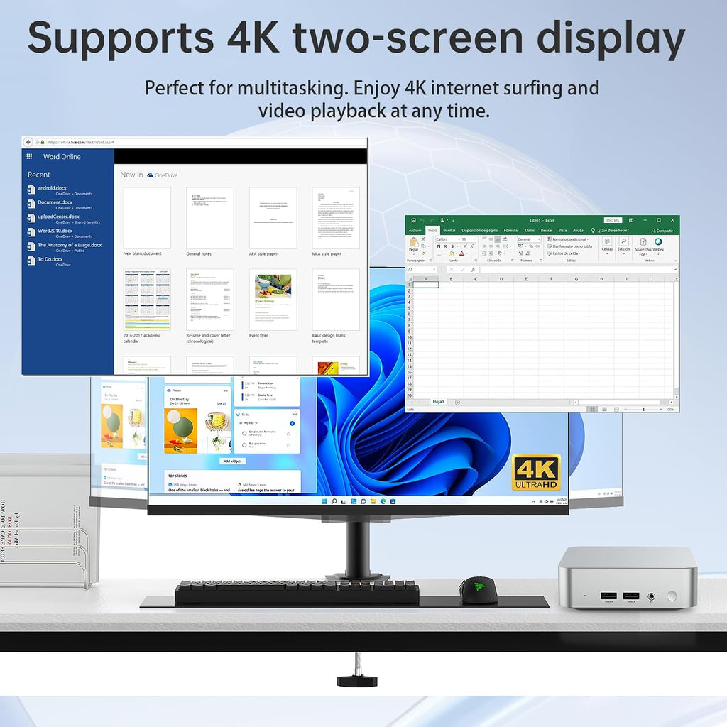 Mini PC (4C/4T) 8GB RAM 128GB SSD Support 2T desktop computers windows/WiFi/BT/DC/RJ45 LAN 1000M/USB*4/USB-C*2 /HDMI*2 4K Dual Display 2.4G/5G WiFi & BT4.2 Mini Desktop Computer Home Office (N3700)