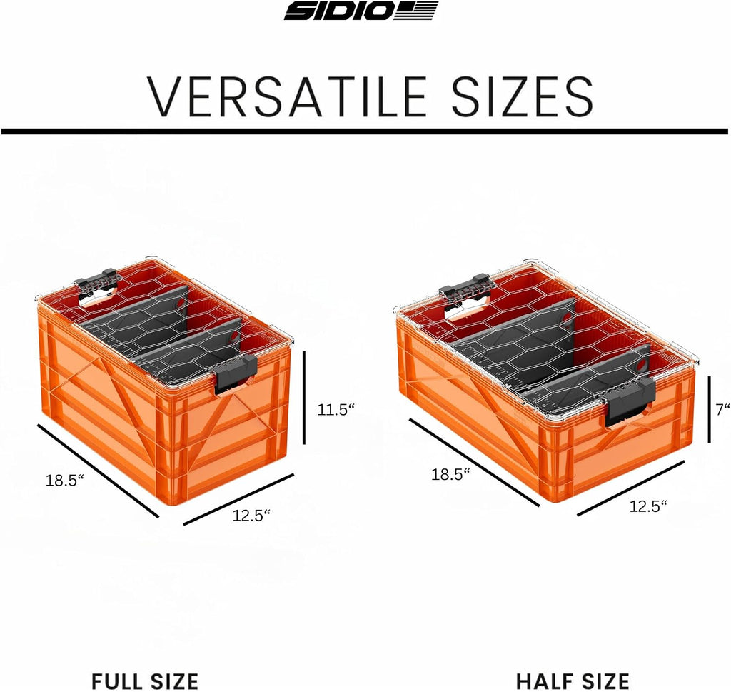 SIDIO CRATE Starter Pack - Two Full Size and One Half Size SidioCrate, Stackable Outdoor Organizer Storage Bins with Clear Lid and Dividers - Orange