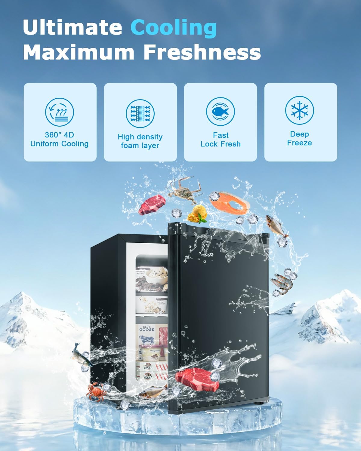Feelfunn 1.1 Cu.ft Mini Freezer - Compact Upright Freezer with 7 Adjustable Thermostat, Removable Shelf, Reversible Single Door, 360°Uniform Cooling Small freezer for Home Office Apartment Dorm, Black