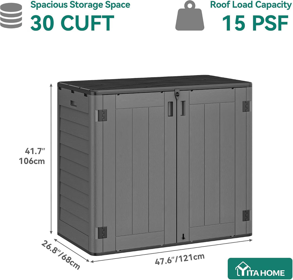 YITAHOME Outdoor Storage Shed w/o Shelf, 30 cu ft Horizontal Storage Shed Outdoor, Resin Waterproof Storage Cabinet for Garage, Poolside, Bikes, and Garden (Dark Gray + Black)