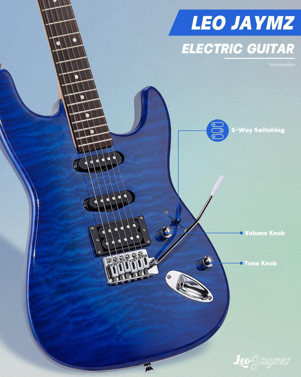 Leo Jaymz 39' Full Size ST Style Electric Guitar Starter Kit with SSH Pickup, 5W Portable Amp, Tuner, Gig Bag, Strap & Accessories (Blue Ocean 5W)