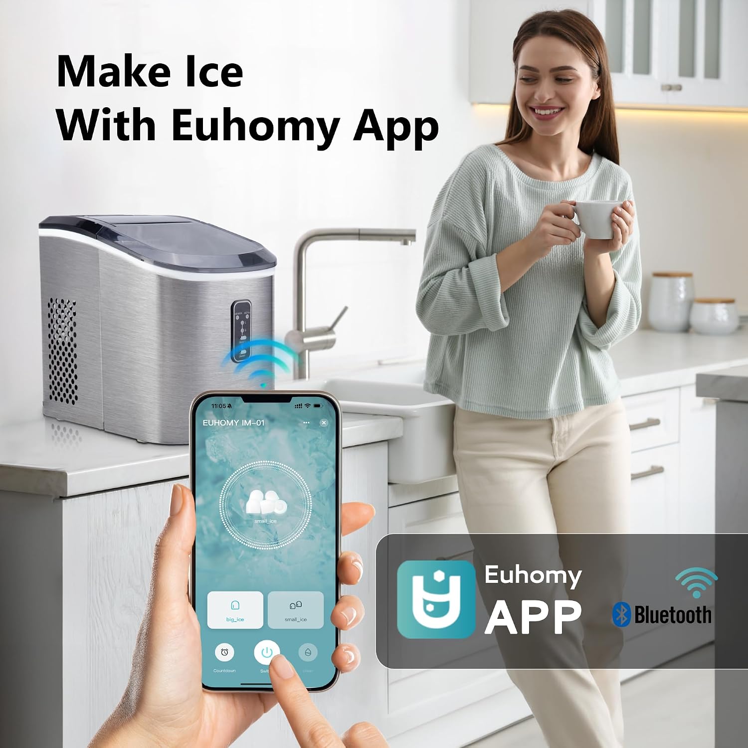 EUHOMY Smart Ice Makers Countertop -26lbs in 24 Hours, 9 Cubes Ready in 8Mins, Self-Cleaning Countertop Ice Maker, Portable Ice Maker with Ice Scoop and Basket, Perfect for Home/Kitchen/Office(Sliver