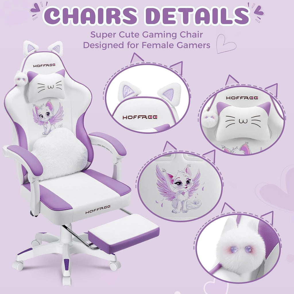 HOFFREE Gaming Chair with Cat Ears and Cloud Massage Lumbar Ergonomic Cute Computer Chair for Girls with Footrest Comfortable Reclining Game Chairs for Adults Purple and White