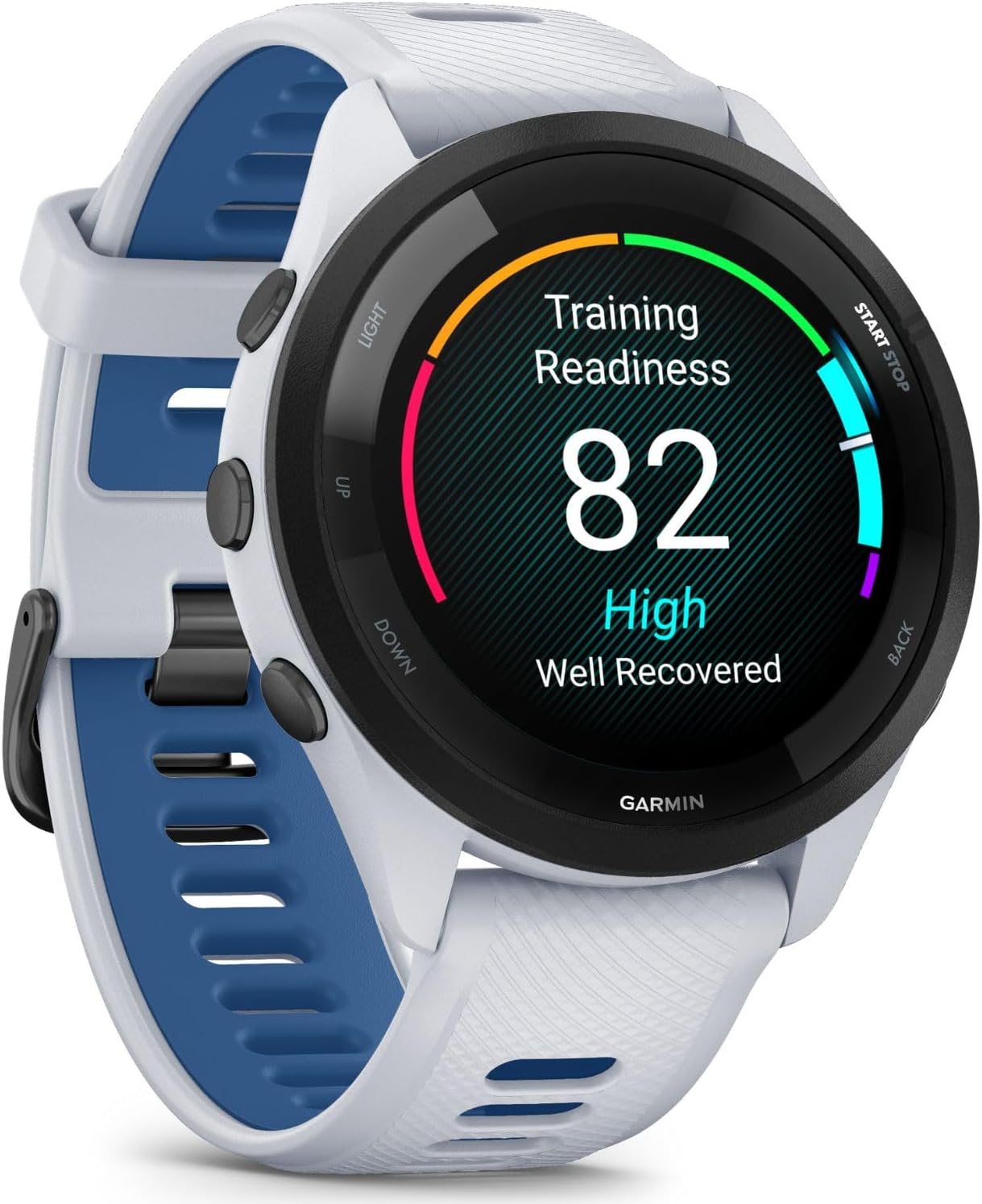 Garmin Forerunner 265 GPS Smartwatch, Whitestone/Tidal Blue Bundle with Deco Essentials Charging Dock Venu 3 + Silicone Dust Cover + Round Tempered Glass Screen Protector