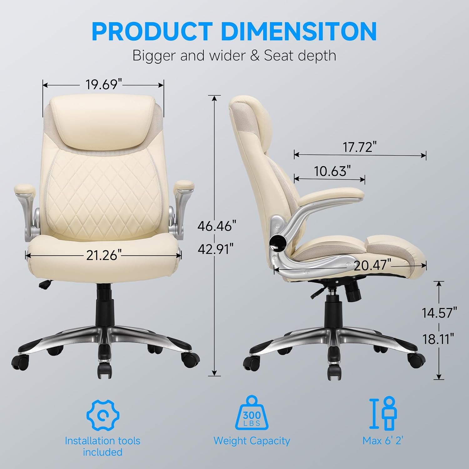 COMHOMA Big and Tall High Back Office Chair 400LBS Wide Leather Executive Chair Height Adjustable Lumbar Support & Armrests, Comfy Desk Gaming Chairs Computer Swivel Chair, Beige