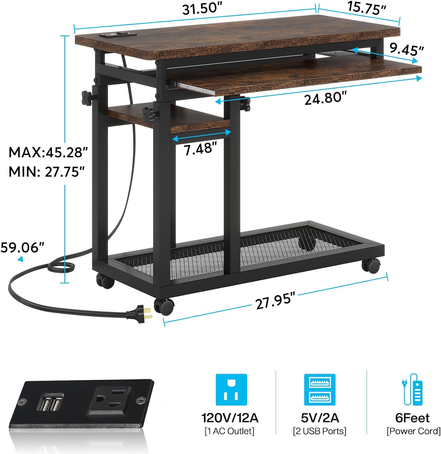 Tribesigns Small Portable Desk with Power Outlet, Height Adjustable Sofa Couch Bedside Laptop Table with Wheels, Mobile Standing Desk Rolling Computer Cart C Side Table with USB Ports