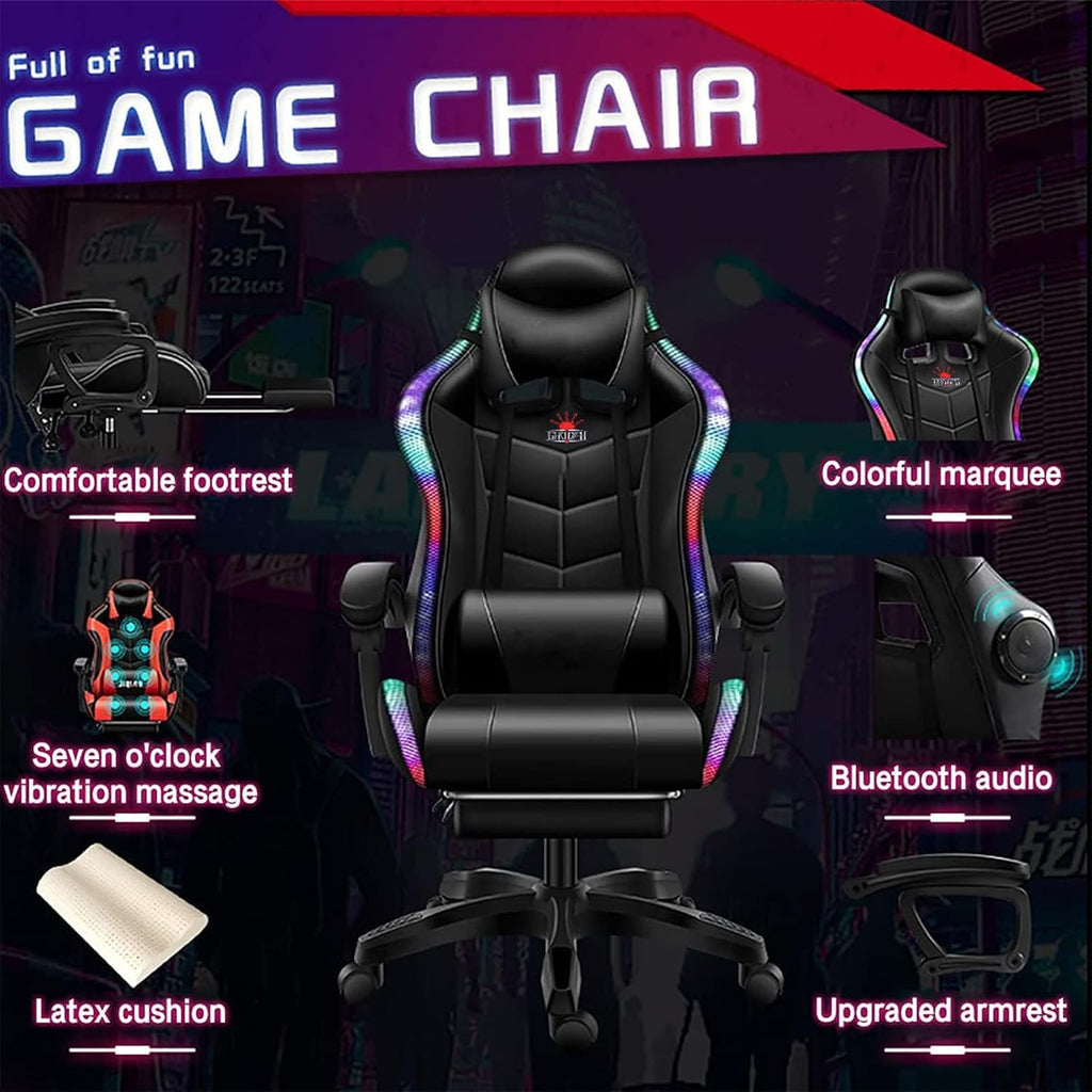 Gaming Chair with RGB LED Lights, Ergonomic Massage Computer Gaming Chair with Footrest and Bluetooth Speakers, High Back Video Game Chair with Swivel Seat, Headrest and Lumbar Support,White