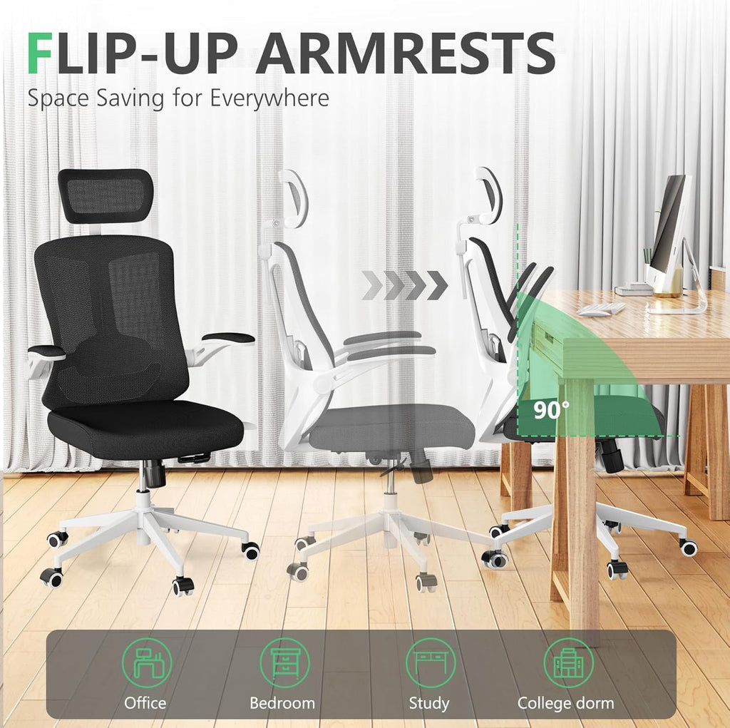300 LBS Ergonomic Office Computer Mesh Chair - Adjustable Height Rolling Desk Chair with Flip-Up Armrests & High Back Support - Comfortable Swivel Task Chair for Home Office