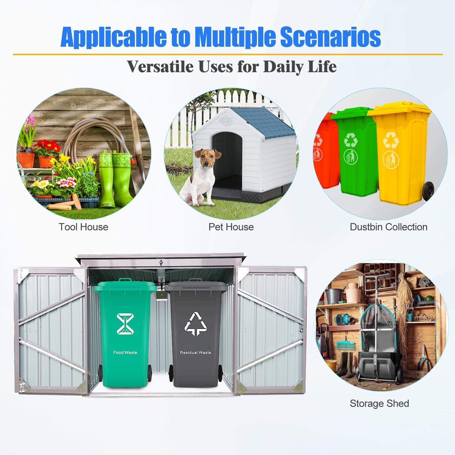 Upgraded Outdoor Trash Can Storage, 62'' Garbage Bin Shed Stores 2 Trash cans and Tools,Stainless Galvanized Steel Waterproof Lockable Garbage Shed for Garden Yard Lawn (Gray)